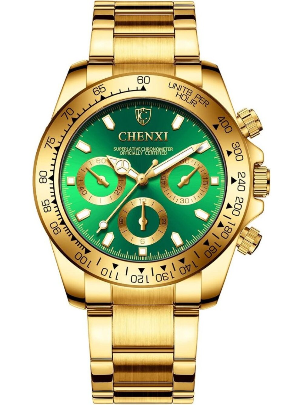 Men's Green Analog Quartz Gold Stainless Steel Crystals Classic Wrist Watch